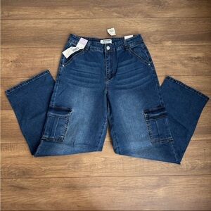 NWT Wax Jean Collection Cargo Wide Leg Blue Denim Flared Jeans Size 11 30W